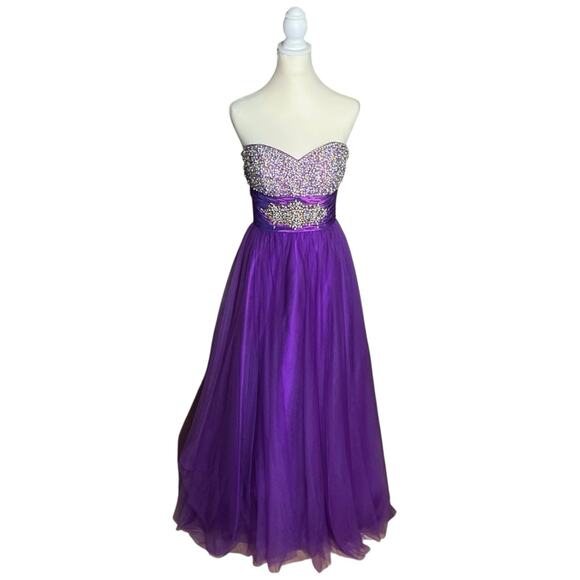 Mac Duggal Prom Beaded Sequin Purple Tulle Floor Length Strapless Dress US 8 - Picture 1 of 10